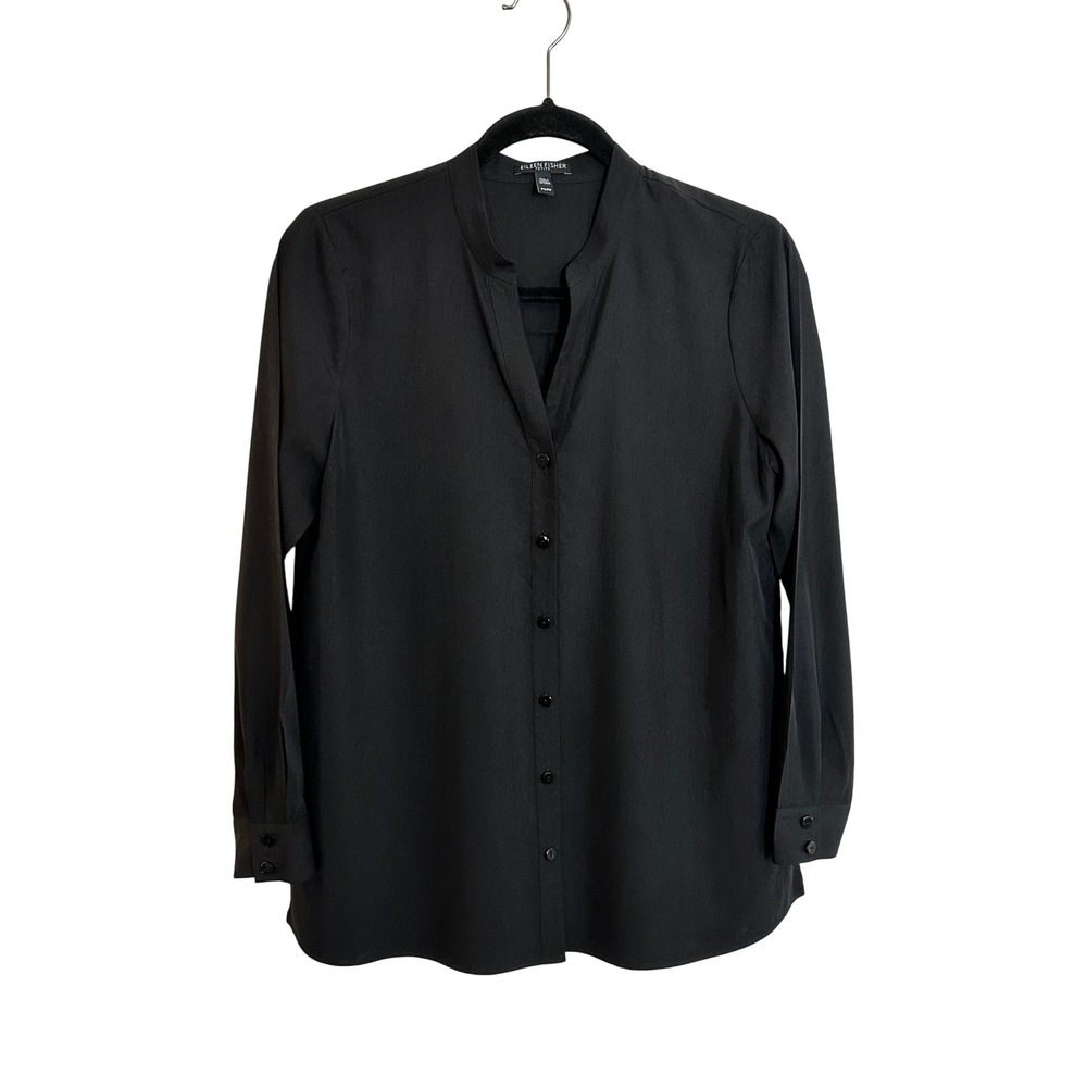 Eileen‎ Fisher System Tencel Lyocell Button Front Blouse Size Petite PS Black